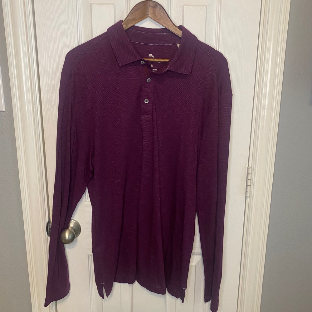 Tommy Bahama Mens Large Purple Long Sleeve Polo Tencel Cotton Blend Knit Shirt